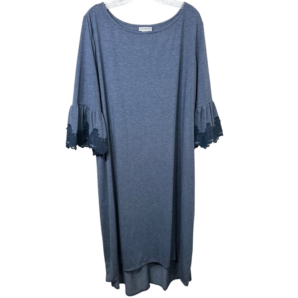Catherines Plus Size 2X Maxi Dress Blue Heathered Lace Bell Sleeve‎ Hi Lo 1760